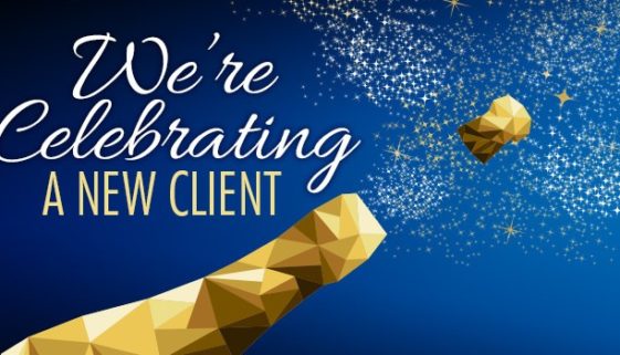 A graphic of a geometric wine bottle with a cork exploding out. Words say "We're Celebrating A New Client"