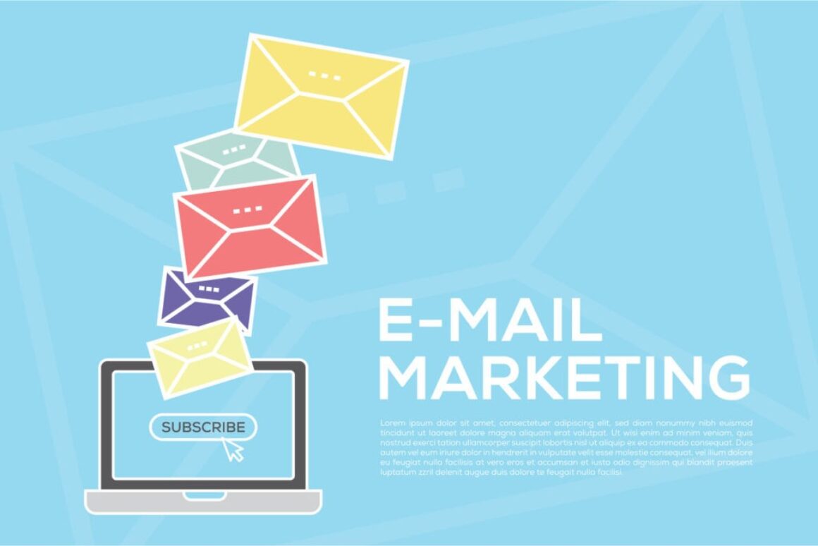 email-marketing-concept-with-laptop-on-blue-background-and-emails-of-different-colors-above-screen
