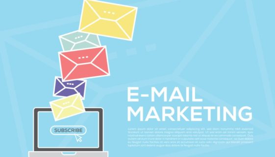 email-marketing-concept-with-laptop-on-blue-background-and-emails-of-different-colors-above-screen