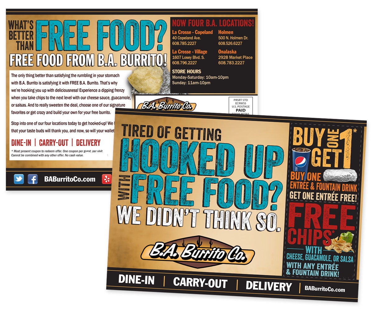 The BLÜ Group Client Work: B.A. Burrito - Free Food Hook Up Direct Mail
