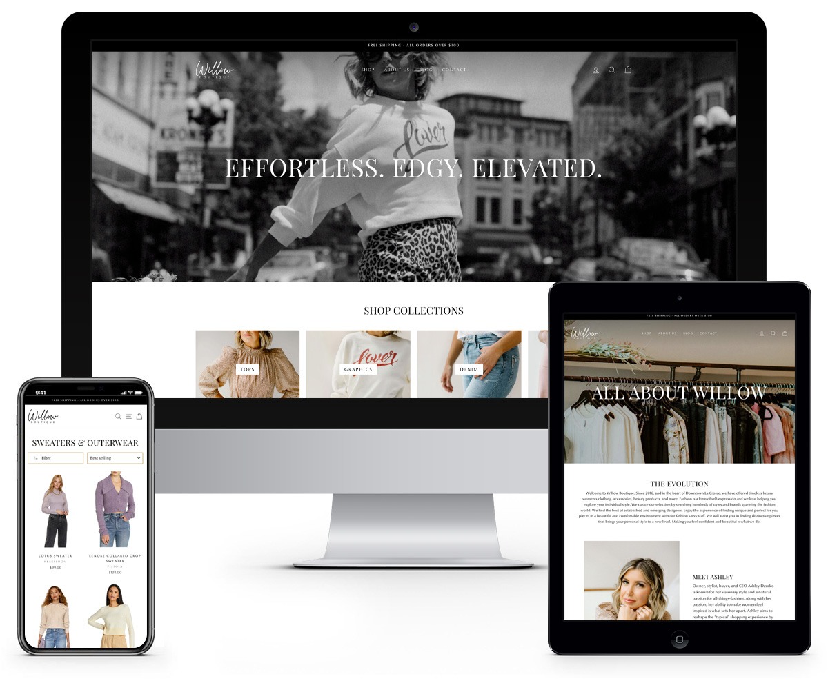 The BLÜ Group Client Work: Willow Boutique - Website Mockups on Desktop, Tablet, and Phone
