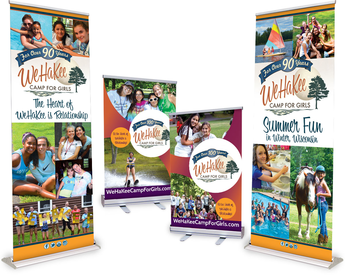 The BLÜ Group Client Work: WeHaKee Camp for Girls - Retractable Floor and Tabletop Tradeshow Banners