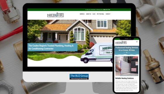 Niebuhr Plumbing's new website homepage on a mobile phone and desktop screen.