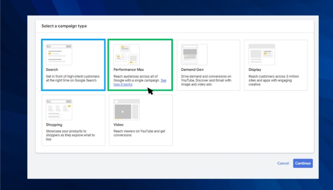 Screenshot of Google Ads interface showing campaign type selection with Search and Performance Max options highlighted on a dark blue background.