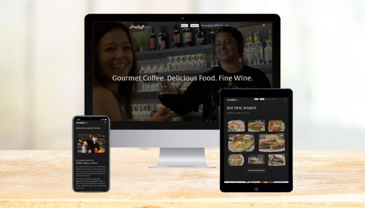 A desktop, tablet, and smartphone display the responsive website design for JavaVino, showcasing gourmet coffee, food, and wine offerings.